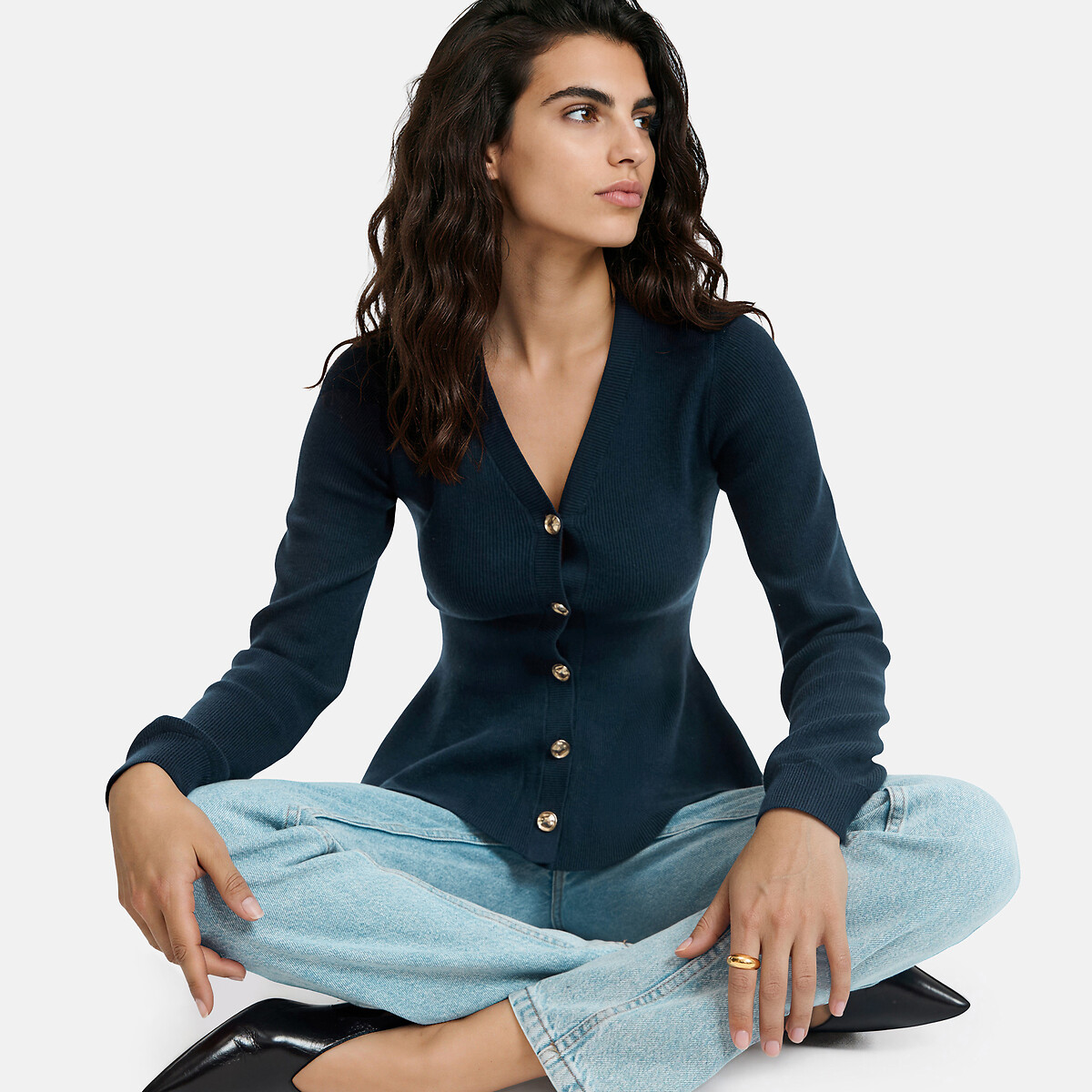 Cardigan col V, resserré à la taille bleu marine, LA REDOUTE COLLECTIONS