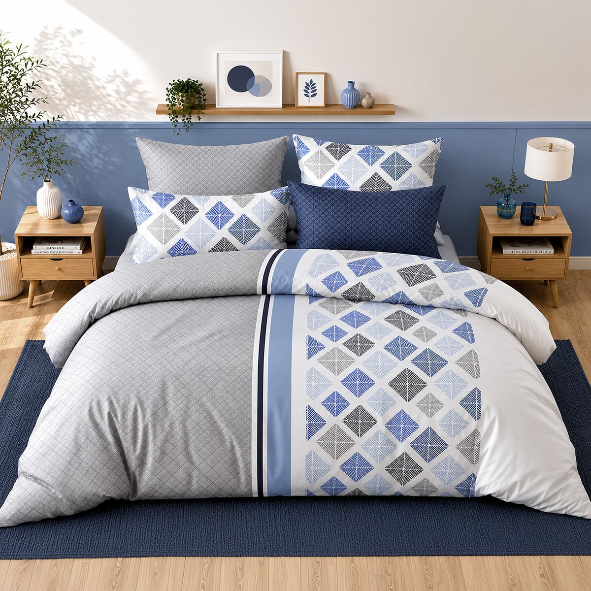 Parure de lit en percale de coton motif géométrique à losanges, BLEVARIS multicolore, ATELIER DU COTON