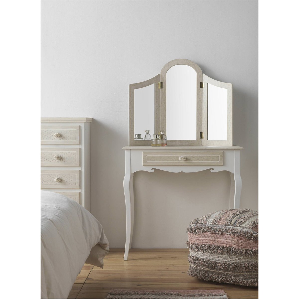 Chiffonnier en bois, 5 tiroirs blanc crème texturé, RECOLLECTION