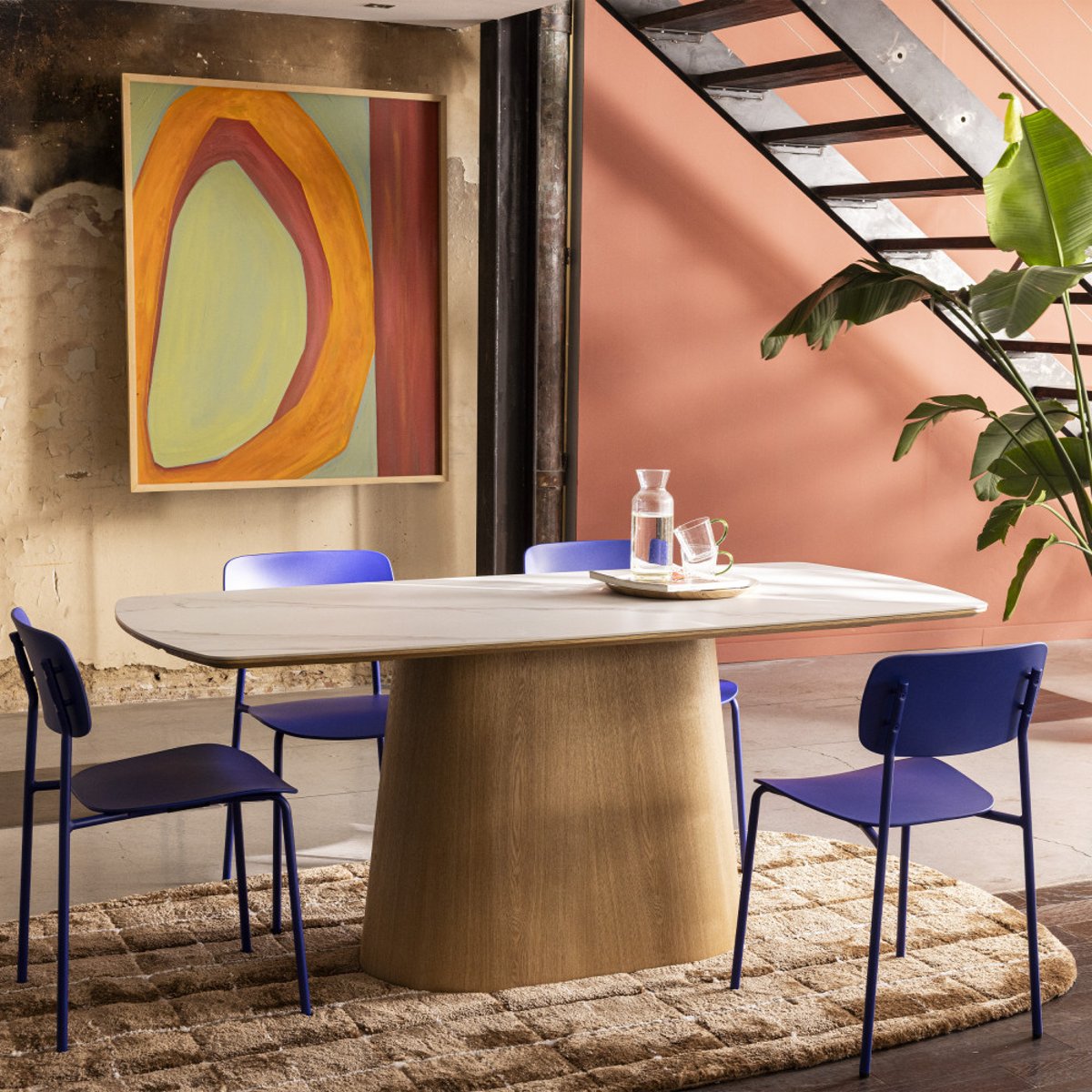 Table à manger 8 personnes effet marbre et bois- RENO bois clair, DRAWER