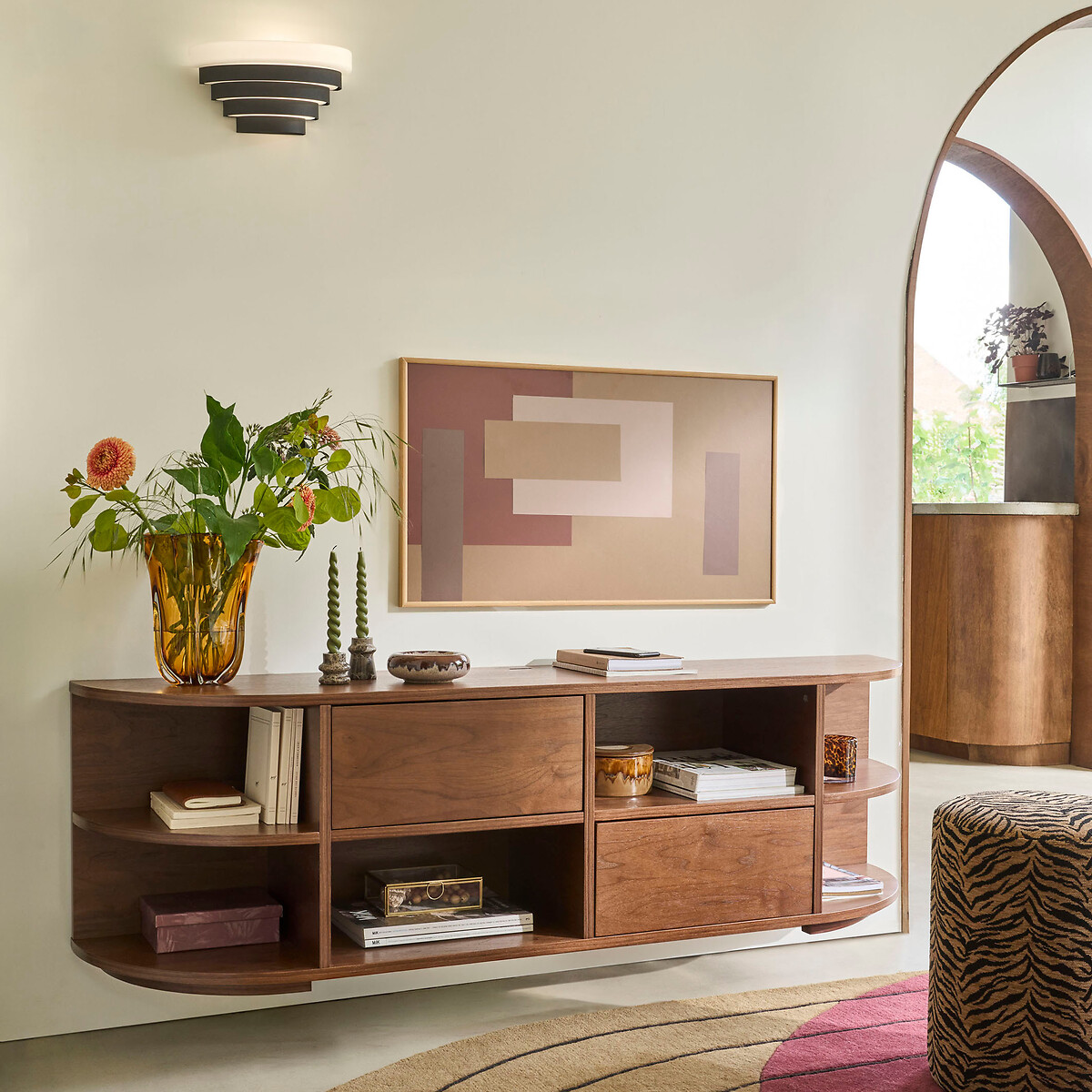 Meuble TV hifi suspendu en plaqué noyer, 2 portes, 6 niches, L160 cm, MADDY noyer, LA REDOUTE INTERIEURS