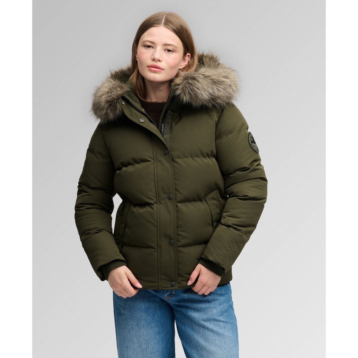 Doudoune courte à capuche en imitation fourrure kaki militaire, SUPERDRY