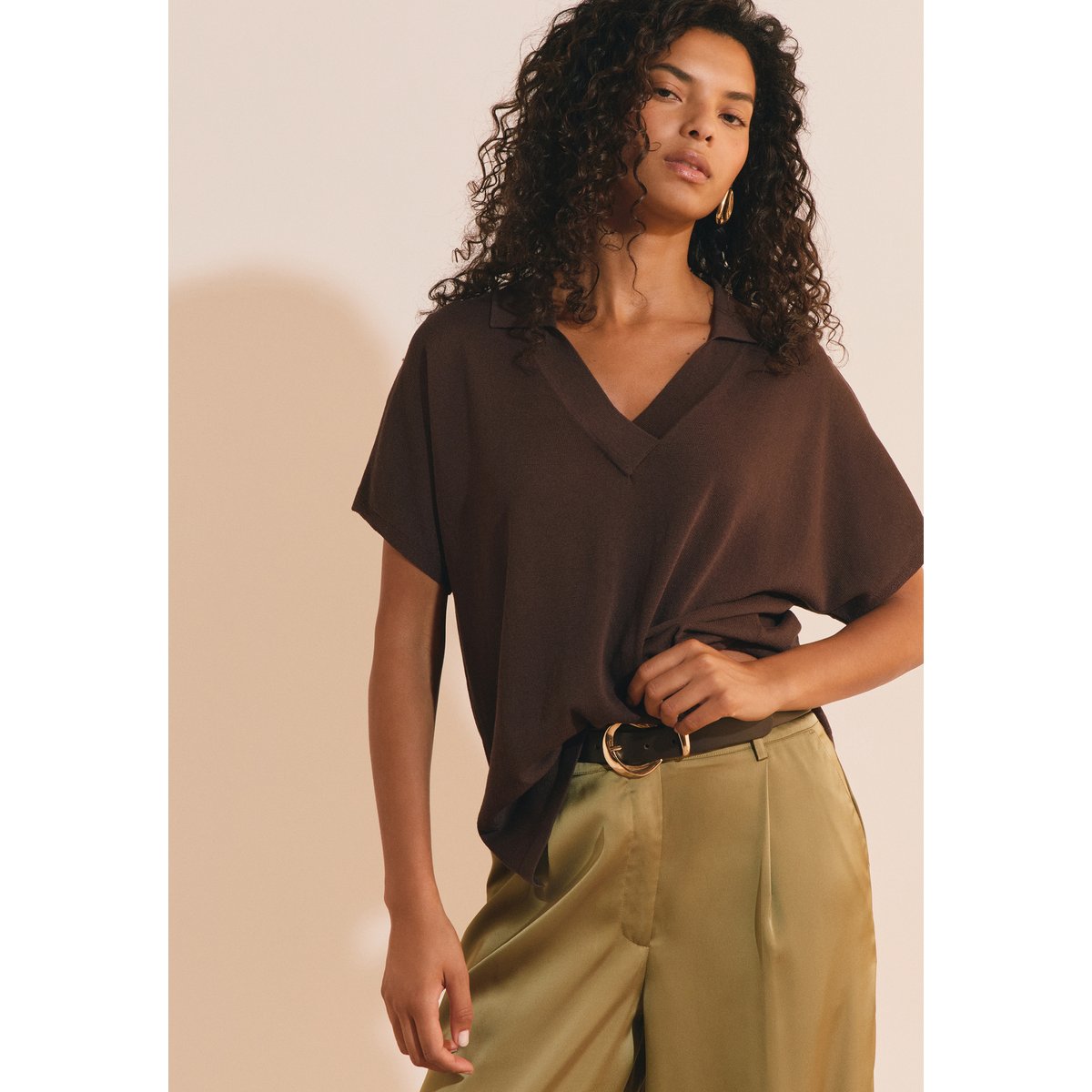 Pull manches courtes col polo SONIA POLO chocolat, ETAM