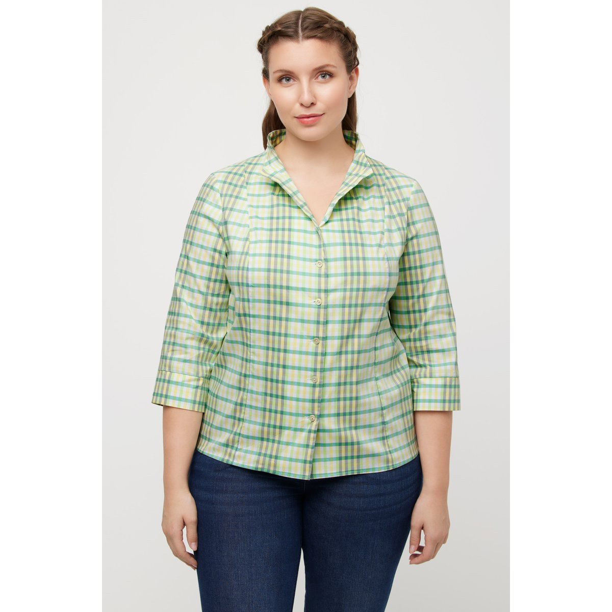 Blouse, carreaux, coupe Slim, col jabot bleu clair, ULLA POPKEN
