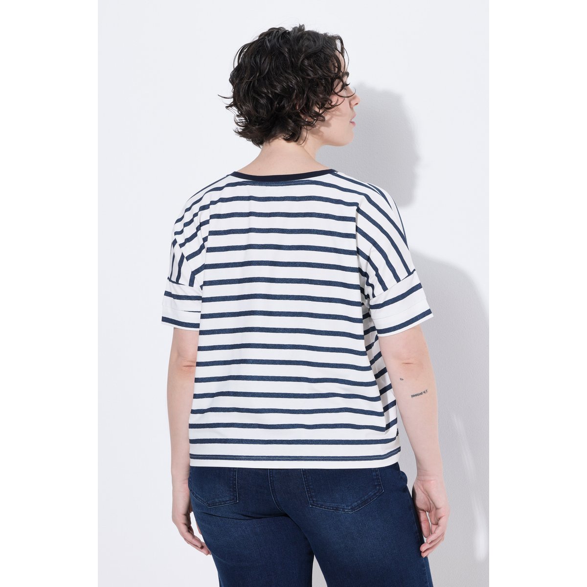 T-shirt, rayures, nœud, col en V marine, ULLA POPKEN