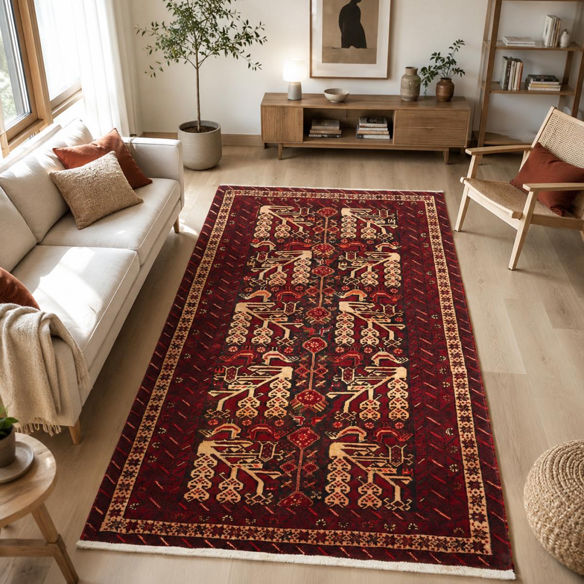 Tapis salon au motif traditionnel, noué main en laine, BALUTSCH 2 bordeaux, beige, noir, UN AMOUR DE TAPIS