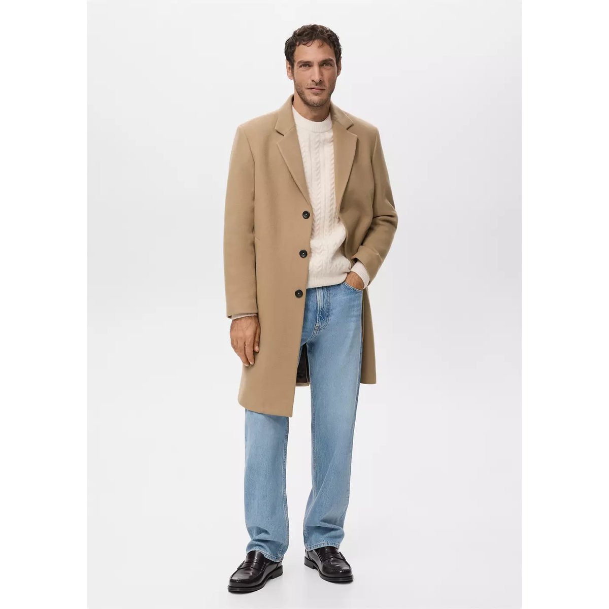 Manteau laine Manteco revers marron moyen, MANGO MAN