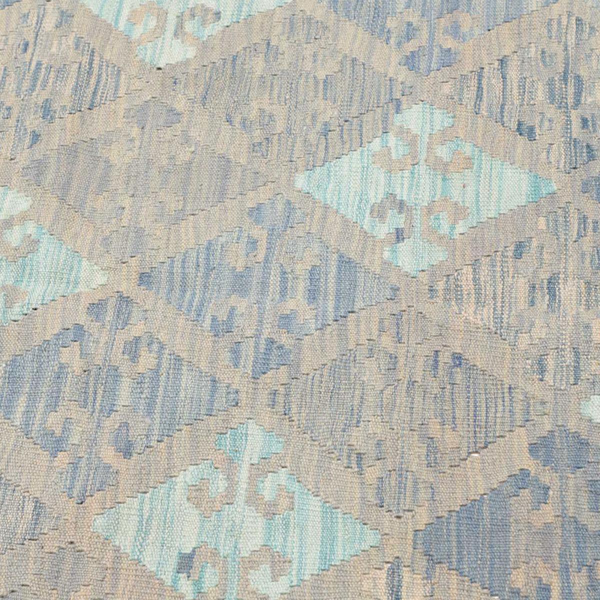 Tapis d'orient au motif géométrique, tissage plat naturel, KILIM 18 bleu, beige, vert, UN AMOUR DE TAPIS
