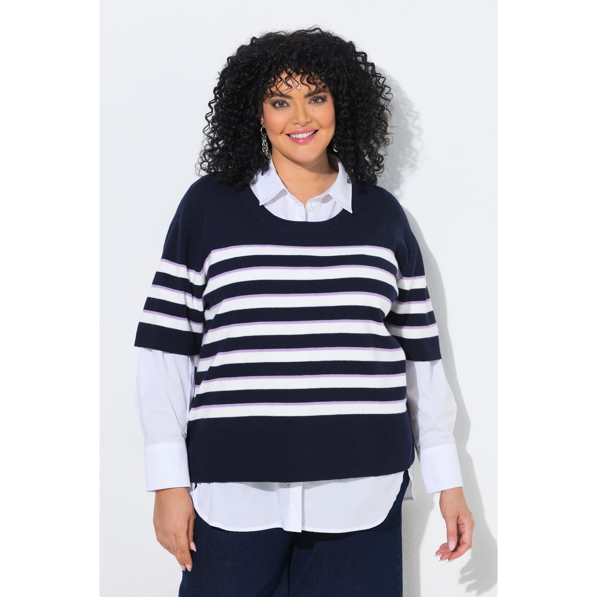 Pull à rayures, col rond et manches courtes marine, ULLA POPKEN