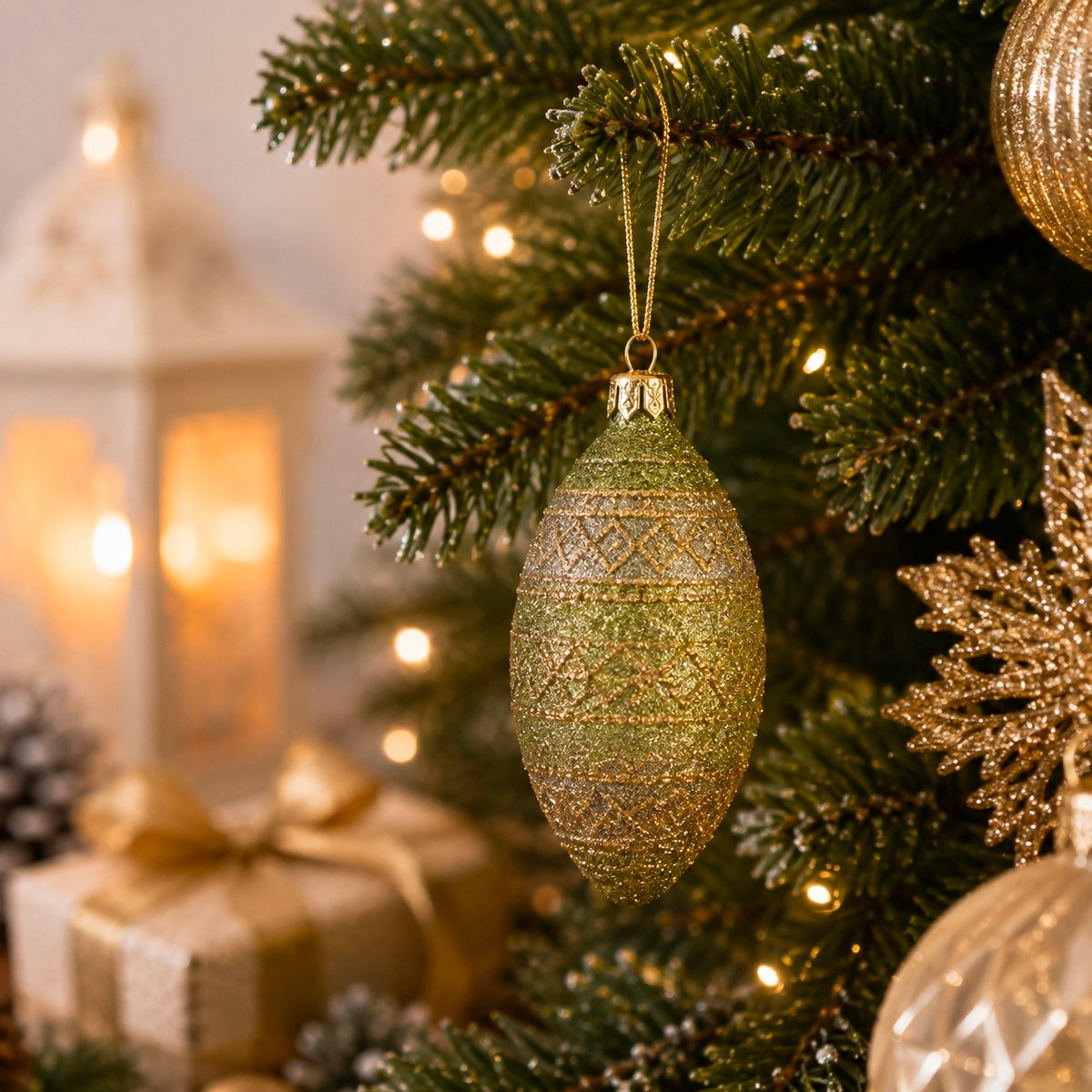 Boule de Noël forme œuf pailletée  Vert et or  8 cm vert, EDEN