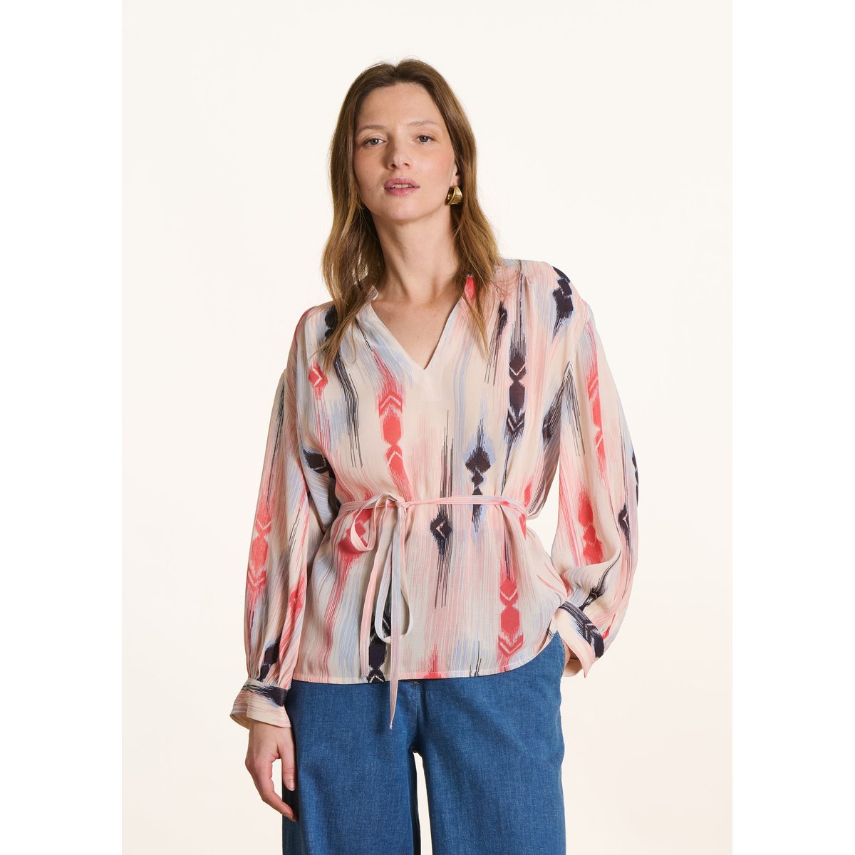 Top ample à imprimé manches longues navy/peach, LA FEE MARABOUTEE