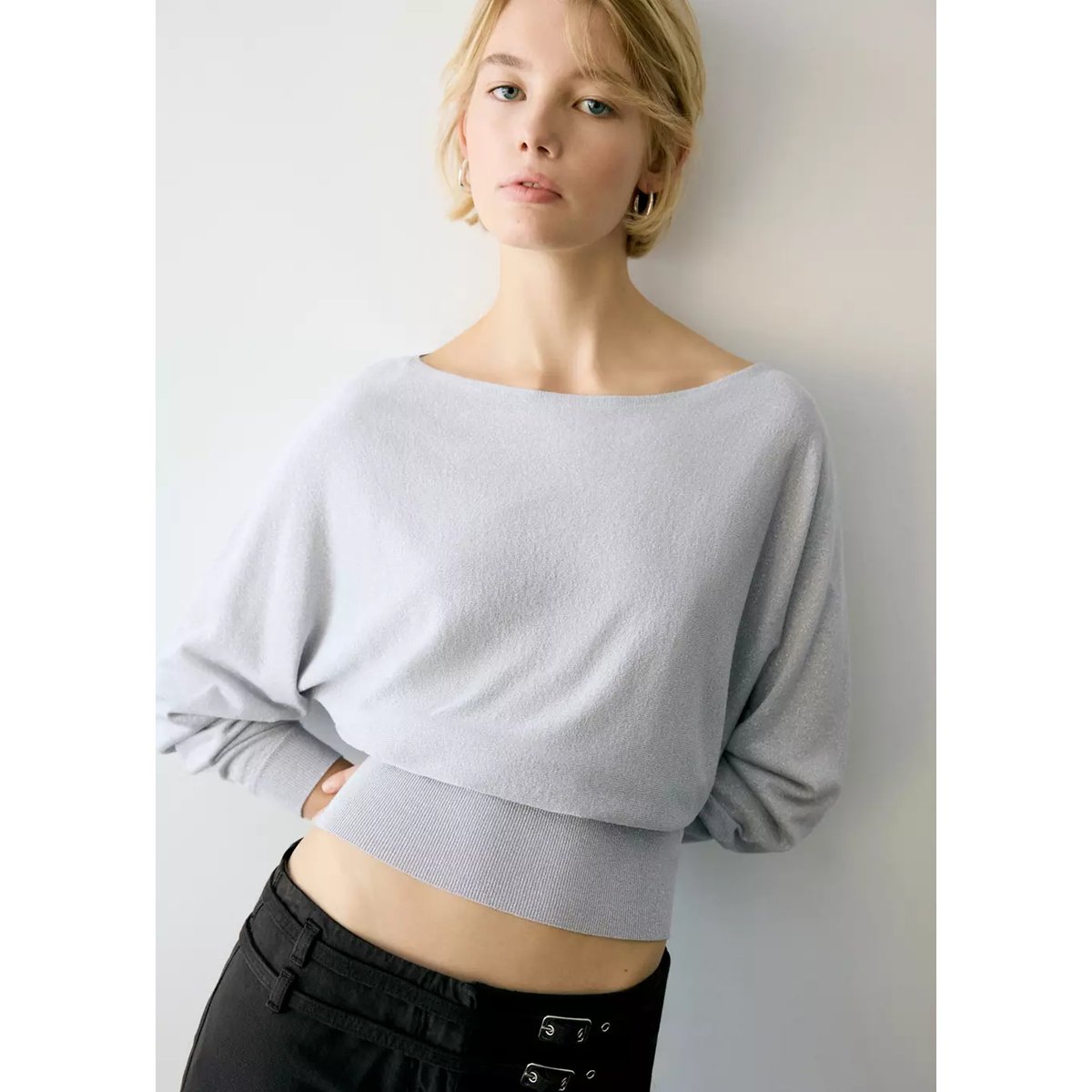 Pull-over Fil textile col bateau argent, MANGO TEEN
