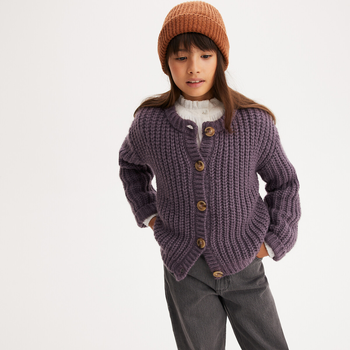 Gilet col rond, boutonné, en grosse maille violet, LA REDOUTE COLLECTIONS