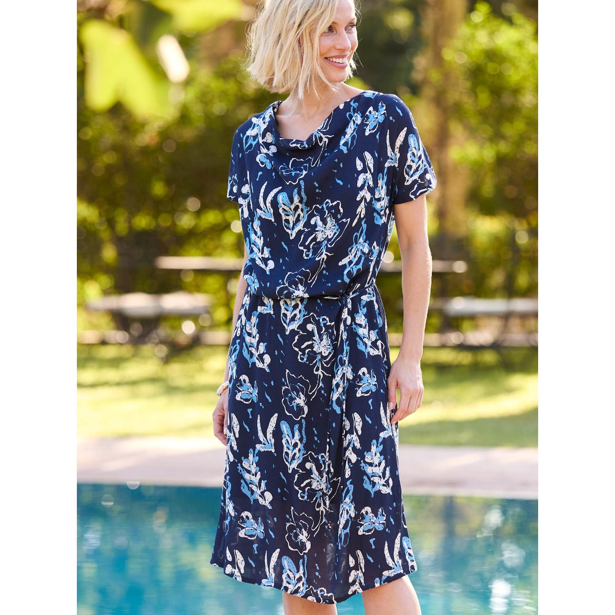 Robe col bénitier en maille imprimé bleu, DAXON