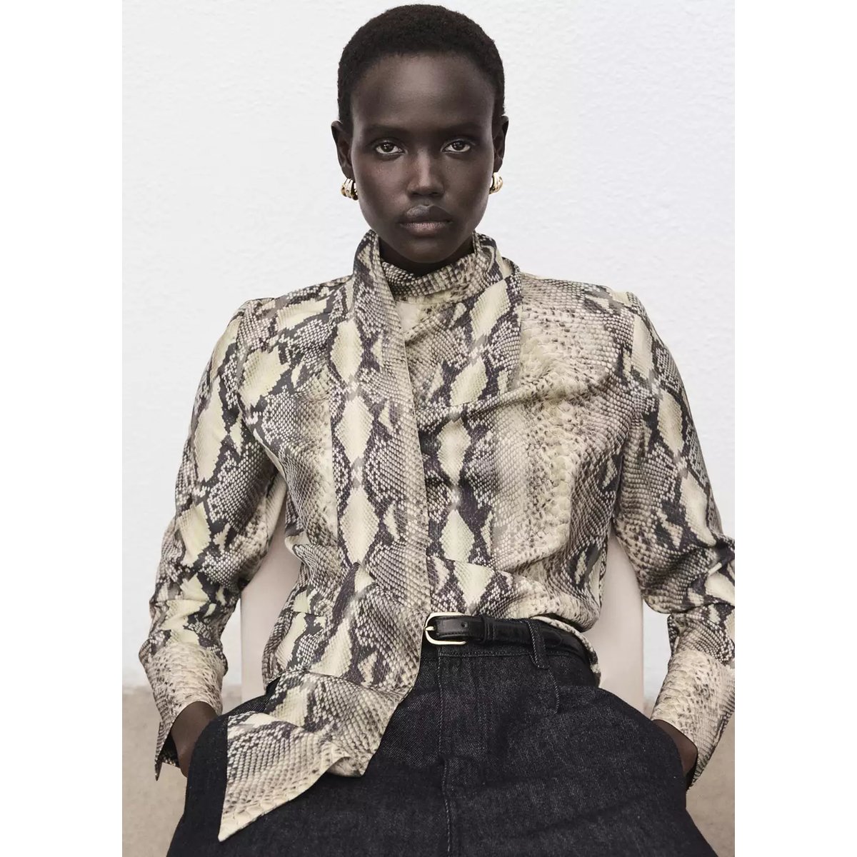 Chemisier à foulard imprimé animal marron, MANGO