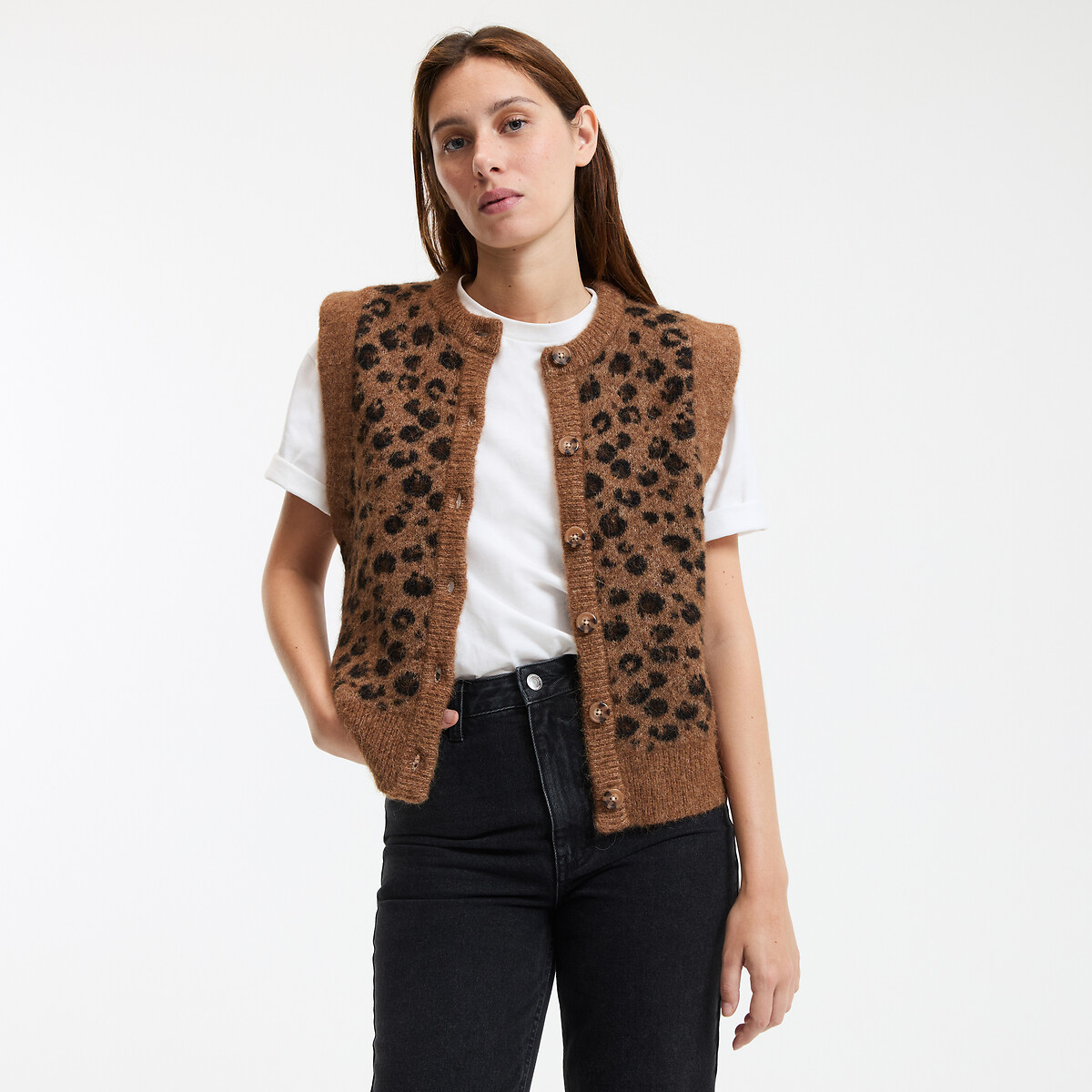 Short Sleeveless Cardigan in Leopard Print leopard print, LA REDOUTE COLLECTIONS
