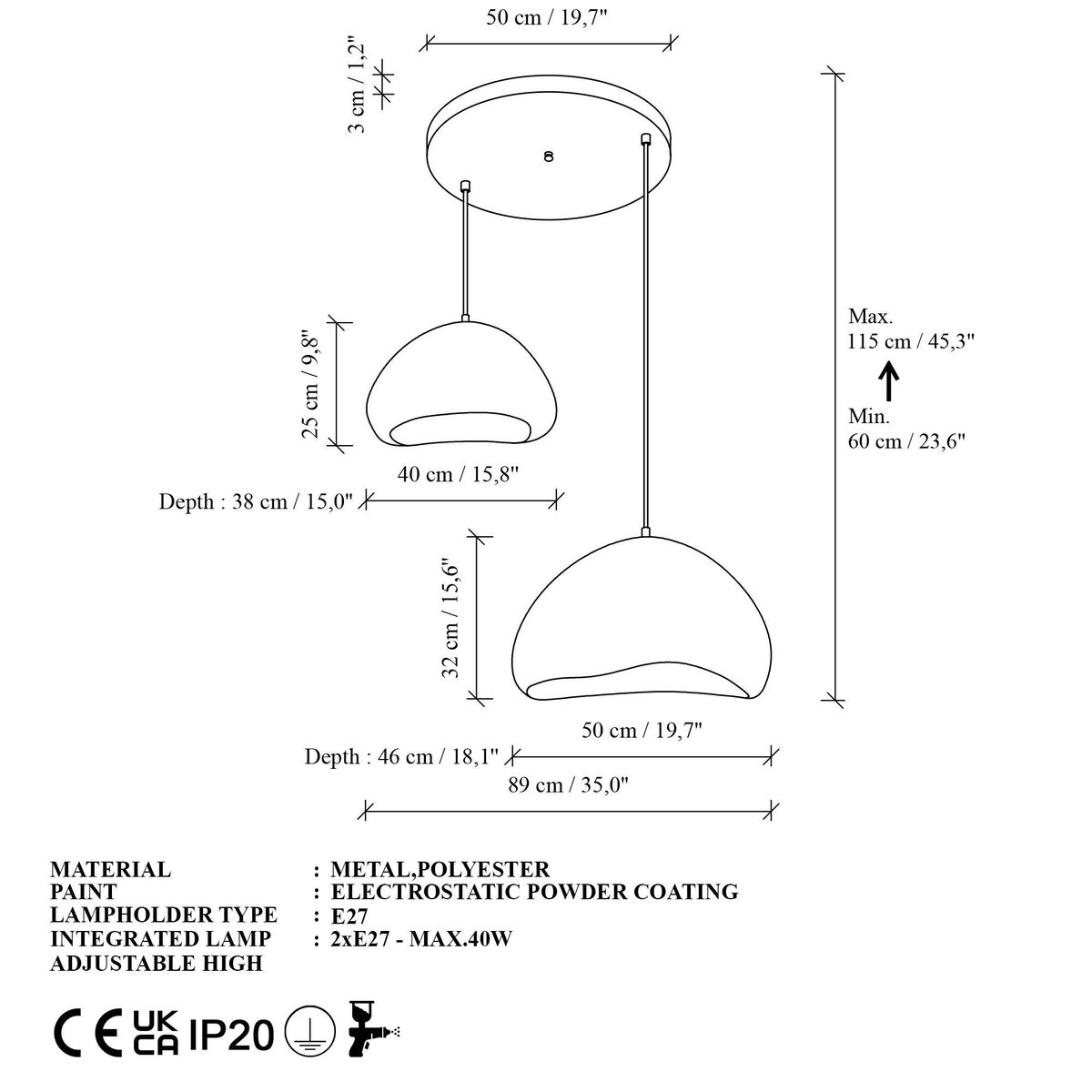 Suspension salle à manger design 2 abat-jour blancs 89 cm NOXIS blanc, PIER IMPORT