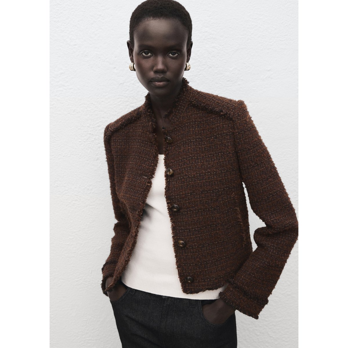 Veste tweed bords effilochés marron, MANGO