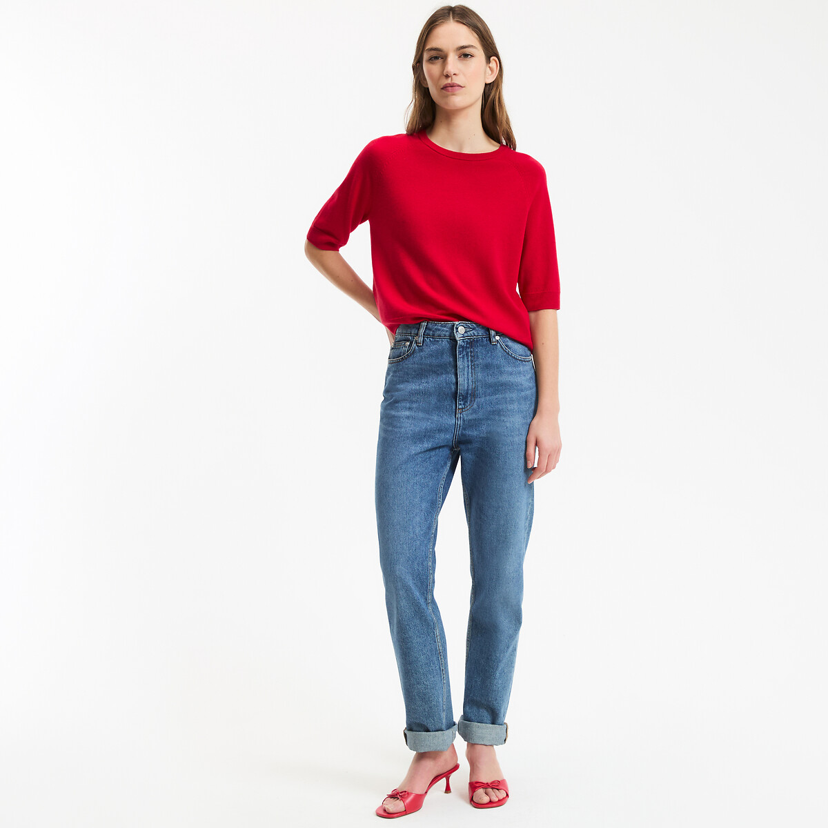 Maglione girocollo 100% lana, maniche corte rosso, LA REDOUTE COLLECTIONS