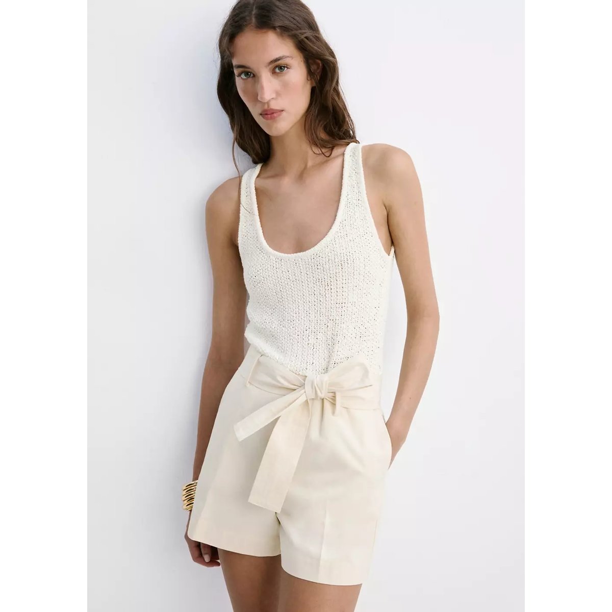Combinaison tissu combiné ceinture écru, MANGO
