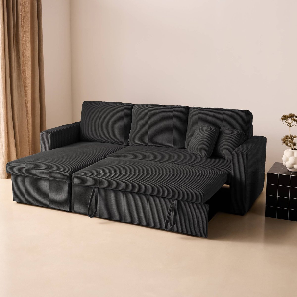 Canapé d'angle convertible réversible 3 places velours côtelé grosse côte avec coffre IDA gris foncé, SWEEEK