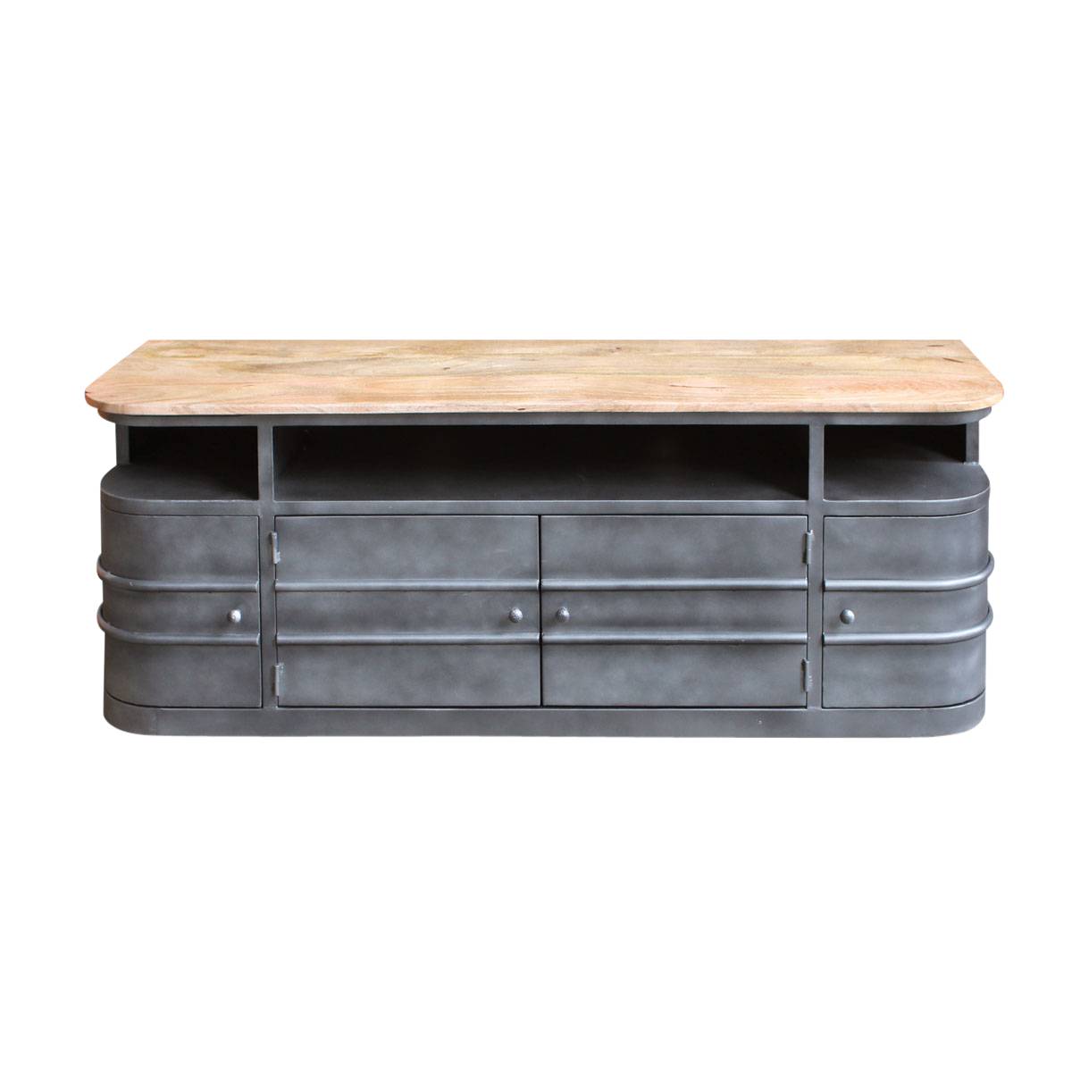 Meuble TV en métal et bois massif LOCKER gris, MADE IN MEUBLES 
