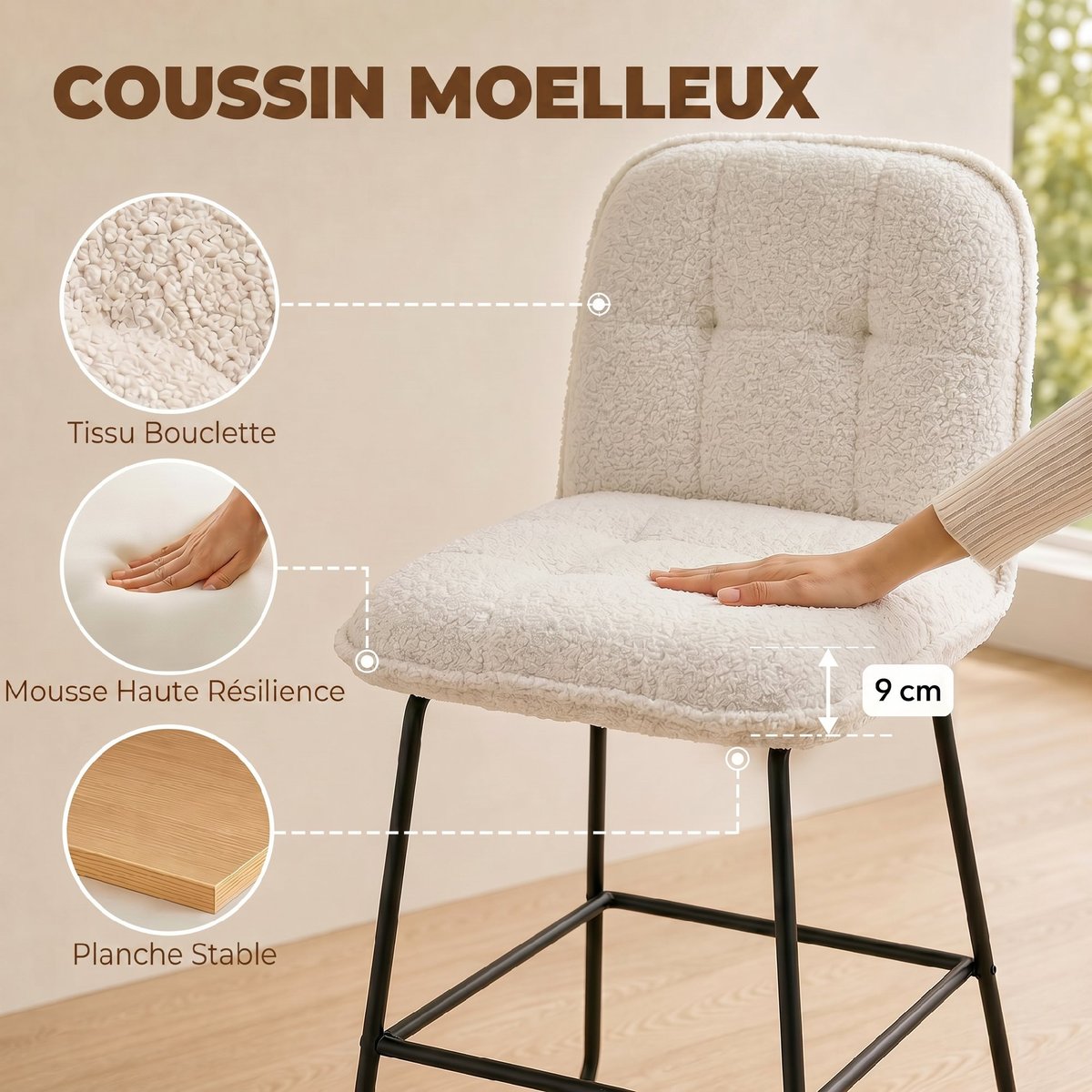 Tabouret de bar Tissu bouclette (100% crème, HOMCOM