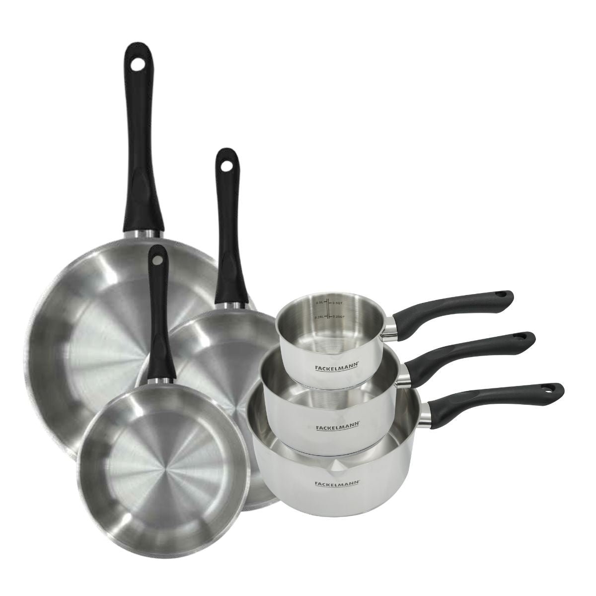 Batterie 3 poêles 20/24/28cm + 3 casseroles 12/16/20cm GENEVA inox|noir, FACKELMANN