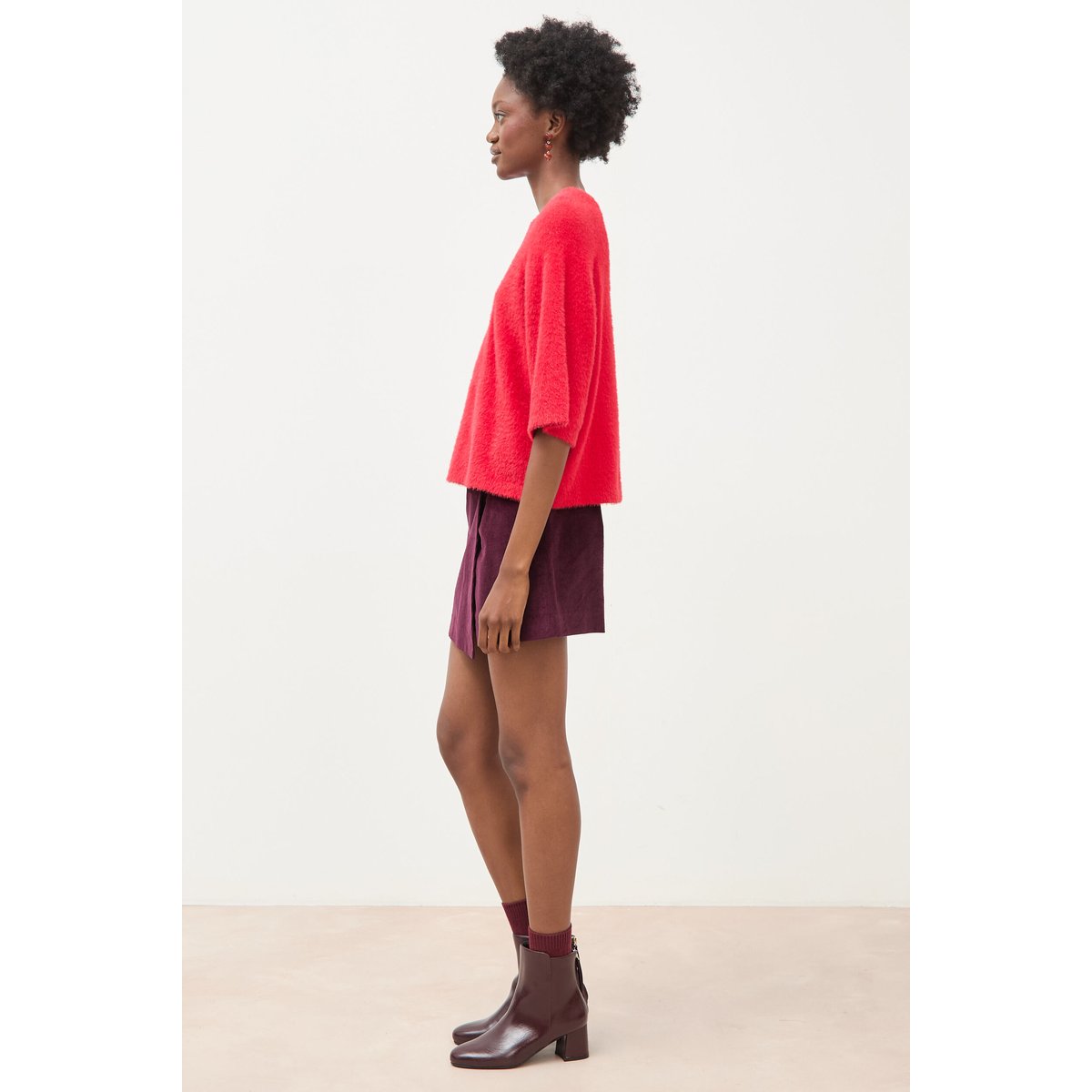 Pull droit manches 3/4 col rond rouge, BONOBO