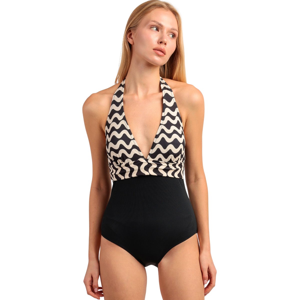 Maillot de bain une pièce dos nu Waves White And Black noir, ADMAS