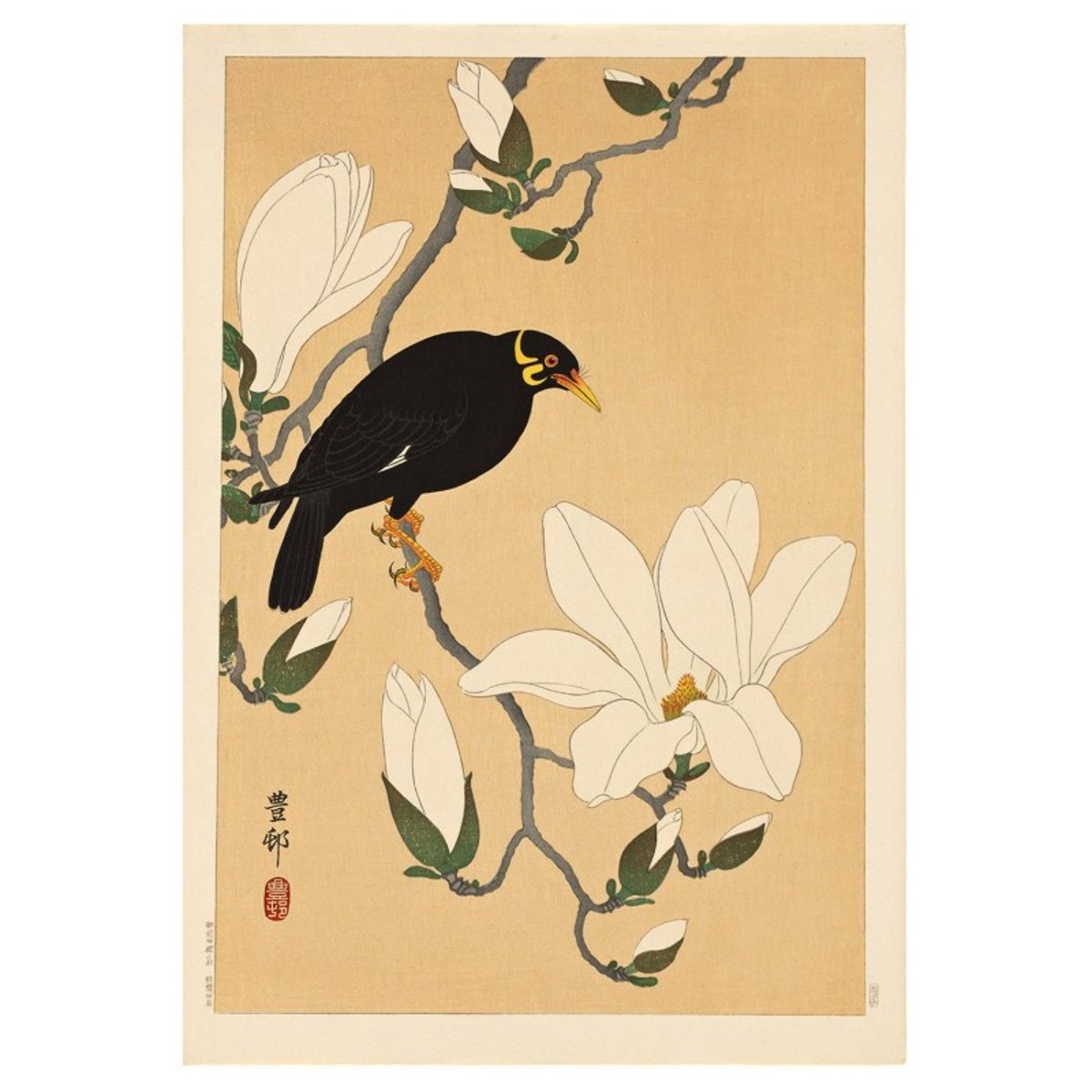 Affiche ancienne japonaise Ohara Koson  Myna bird beige, THE DYBDAHL CO