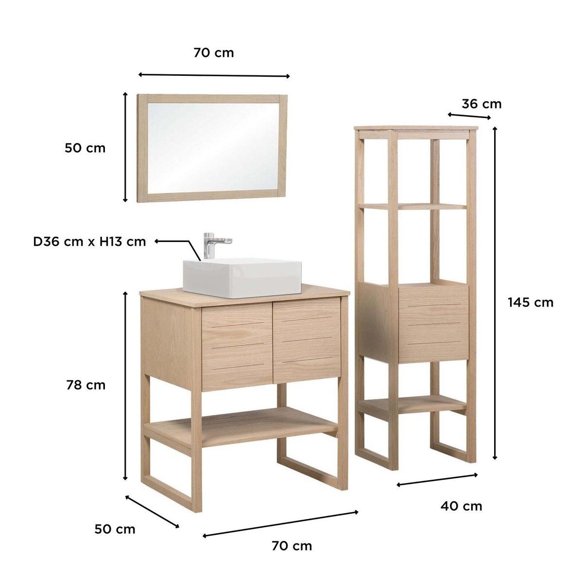 Meuble 70cm chêne colonne vasque carrée robinet miroir ATOLL v002233, MOB IN
