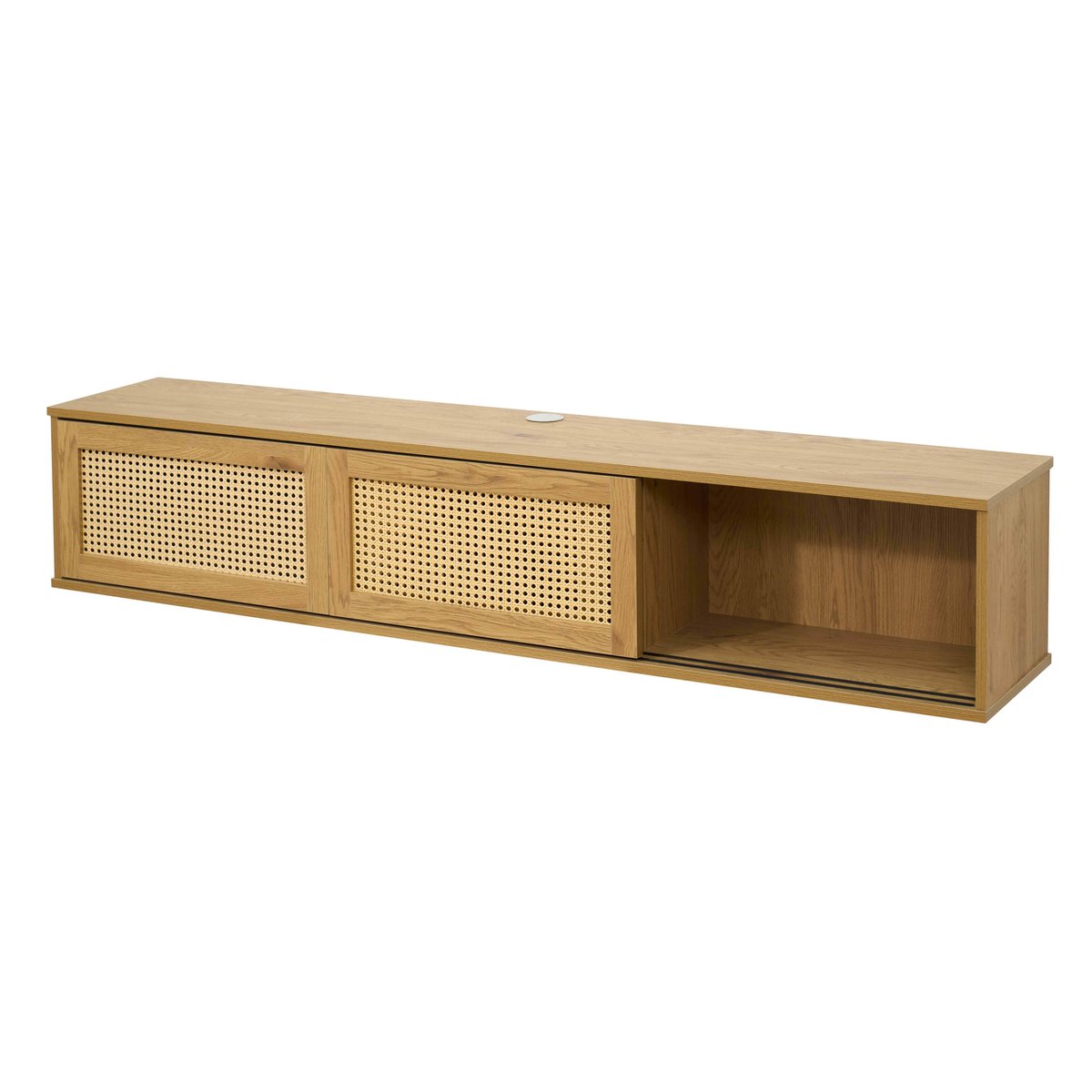 Meuble TV suspendu effet bois clair 160 cm style bohème, JENNY bois clair, OVIALA