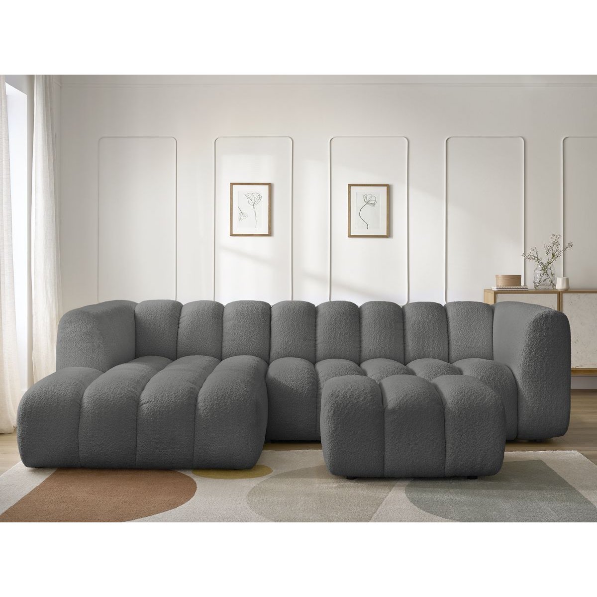 Canapé d'angle fixe 4 places en tissu bouclette avec pouf, TALIA gris foncé, BOBOCHIC