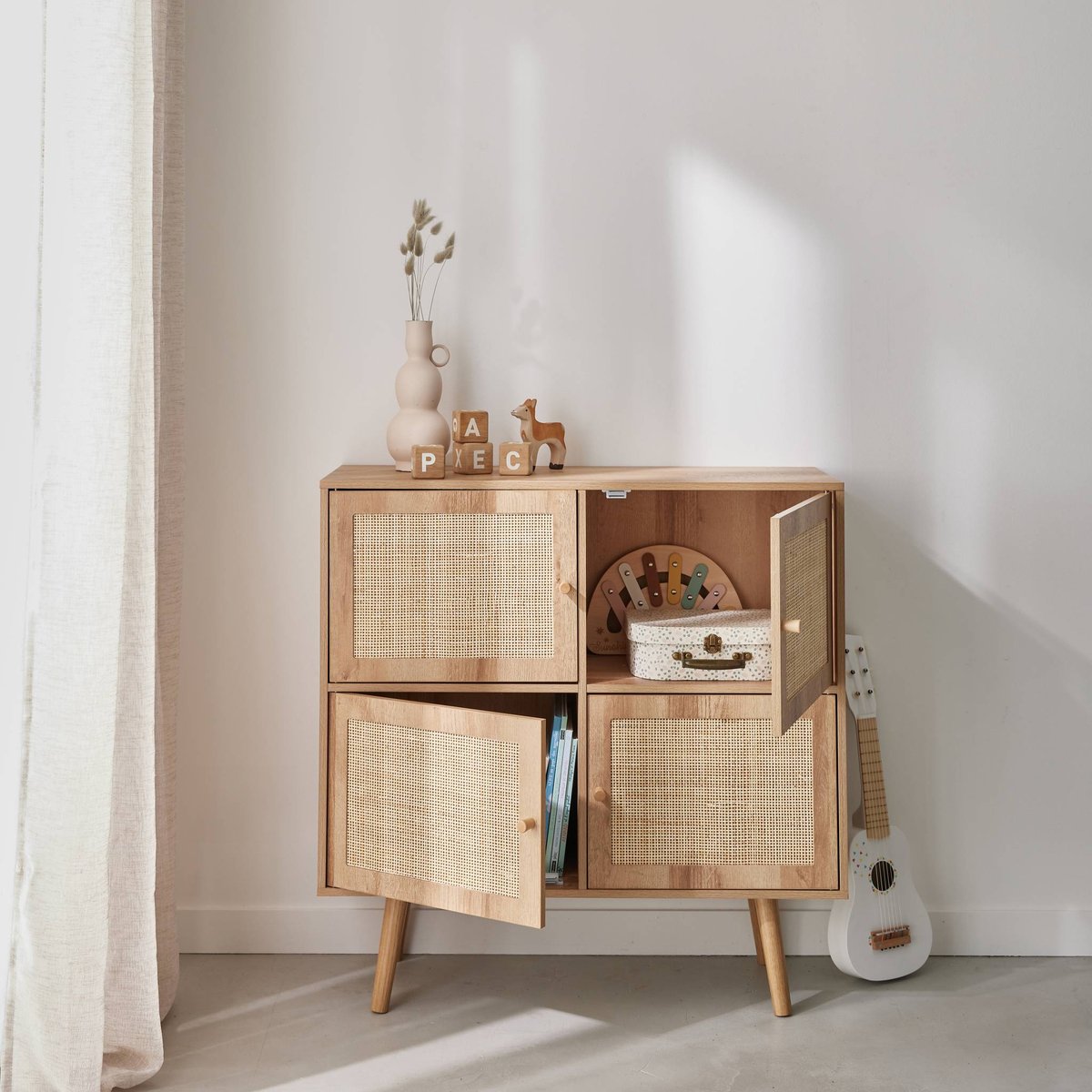 Commode enfant décor bois et cannage 4 portes BOHÈME naturel, SWEEEK