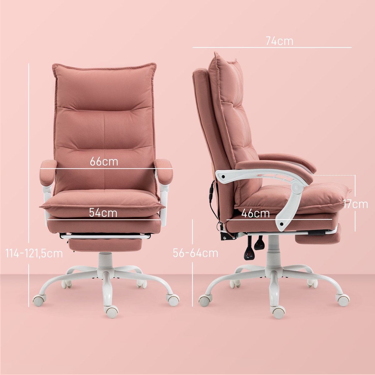 Fauteuil de bureau avec fonction massage rose et blanc, HOMCOM