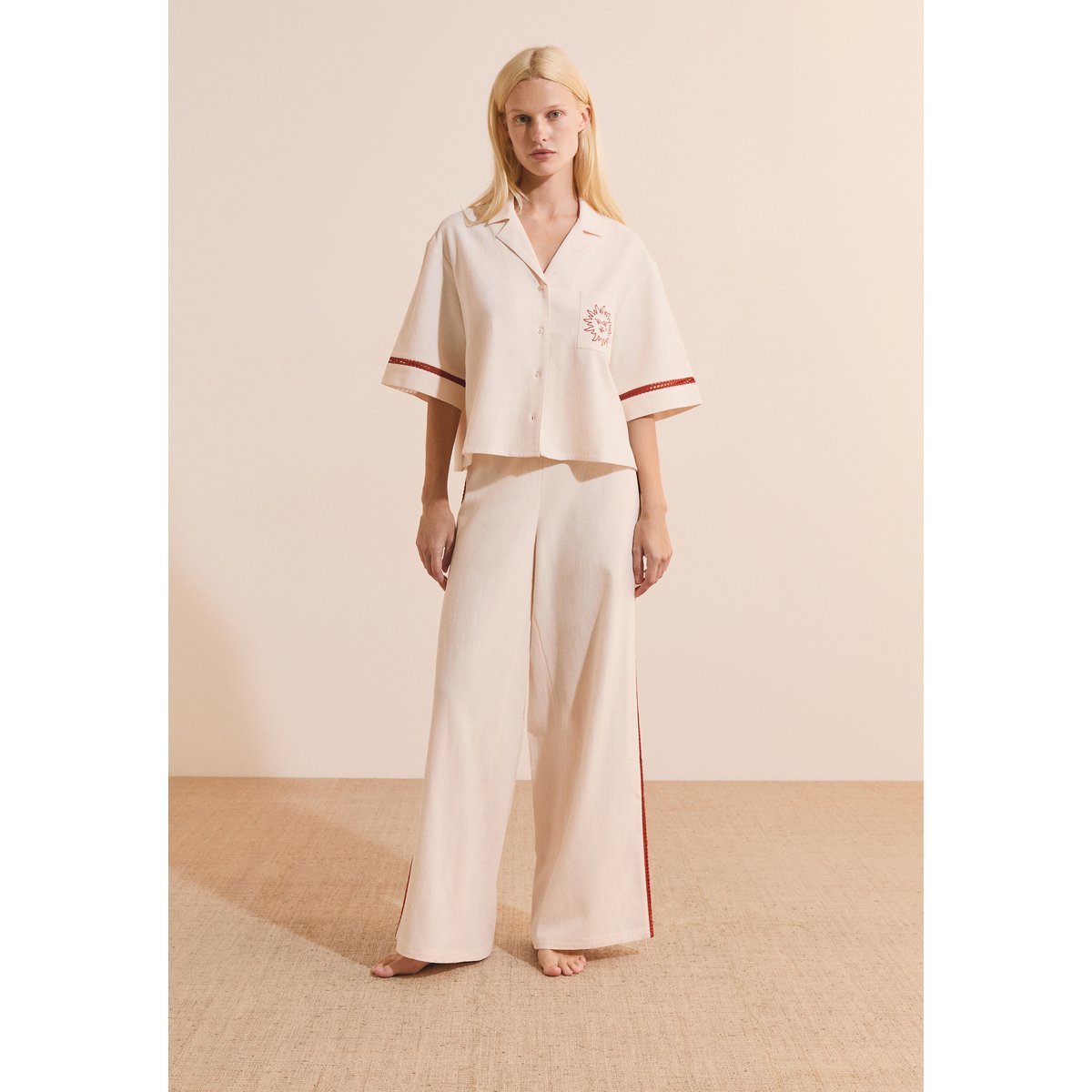 Pantalon de pyjama avec bandes sur les côtés en coton MARINE lin, ETAM