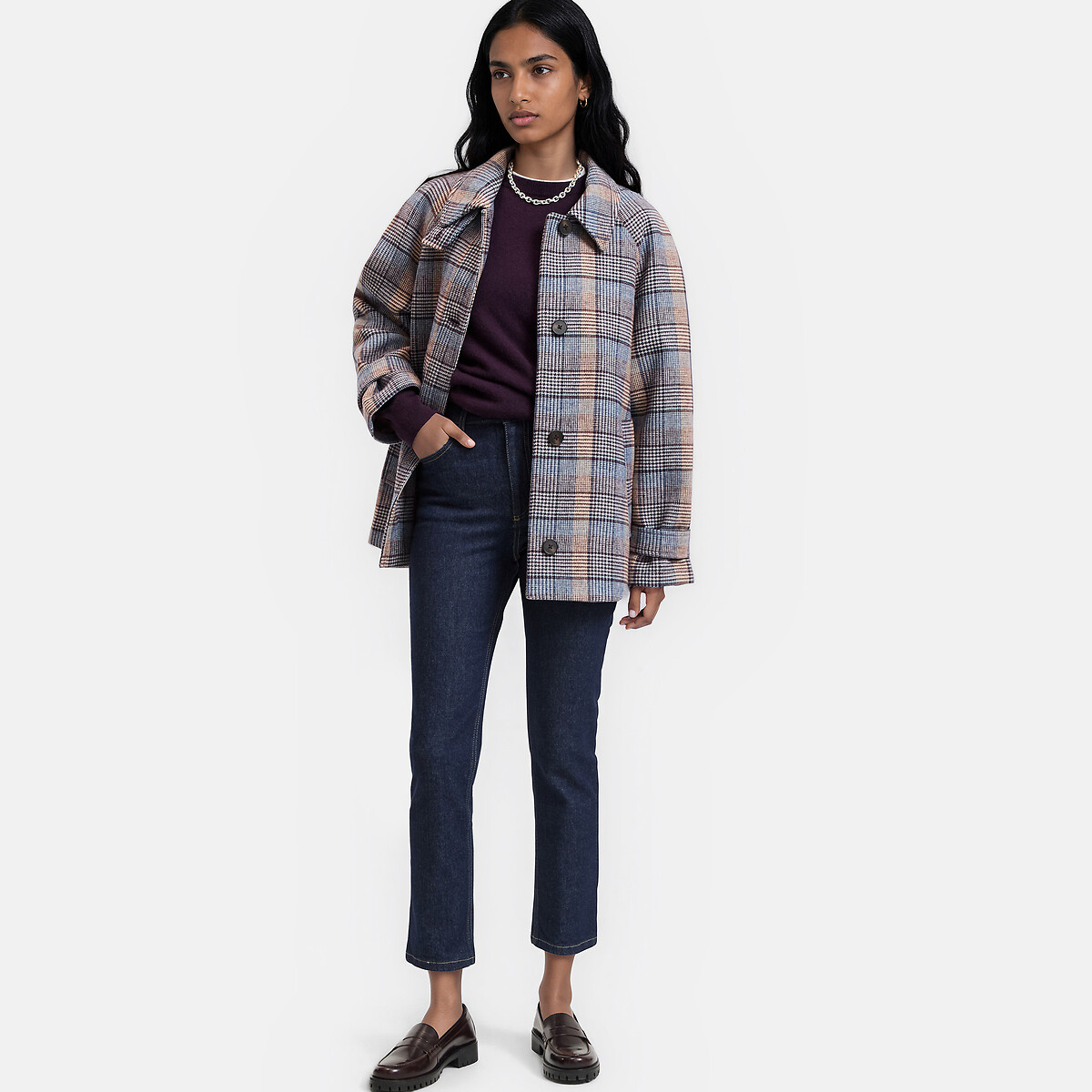 Manteau court, à carreaux carreaux violet, LA REDOUTE COLLECTIONS