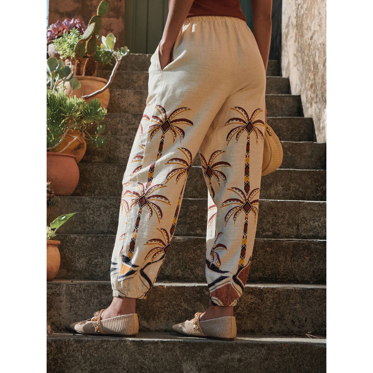 Pantalon bouffant en lin mélangé imprimé palmier beige, NEXT