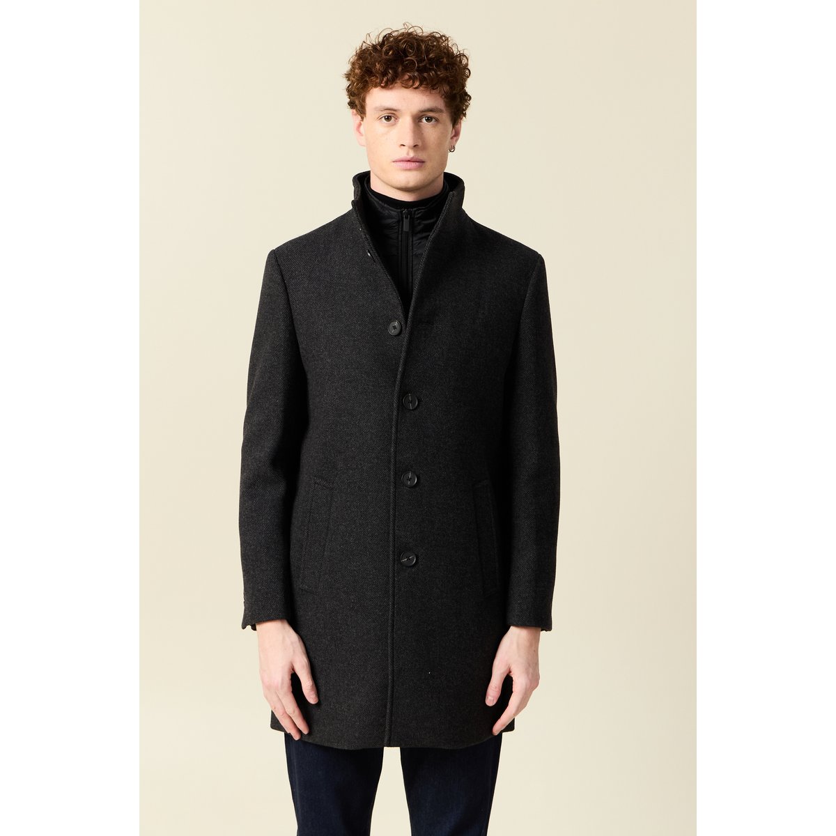 Manteau droit long col montant noir, BONOBO