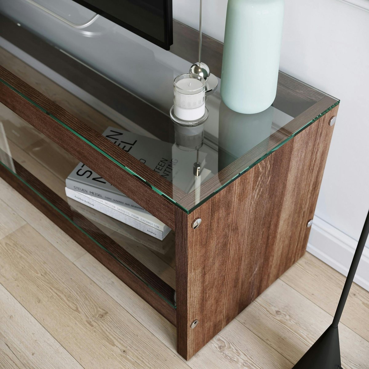 Meuble TV en bois brun et verre - 140 cm LHASA bois naturel, PIER IMPORT