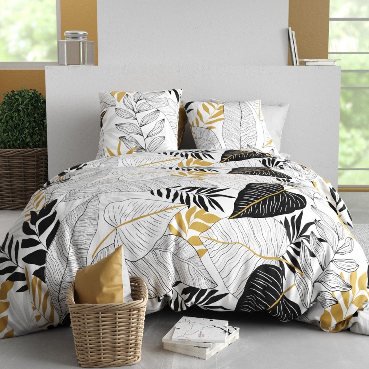 Housse de couette 100% coton 57 fils + 2 taies d’oreiller blanc, DECORATIE