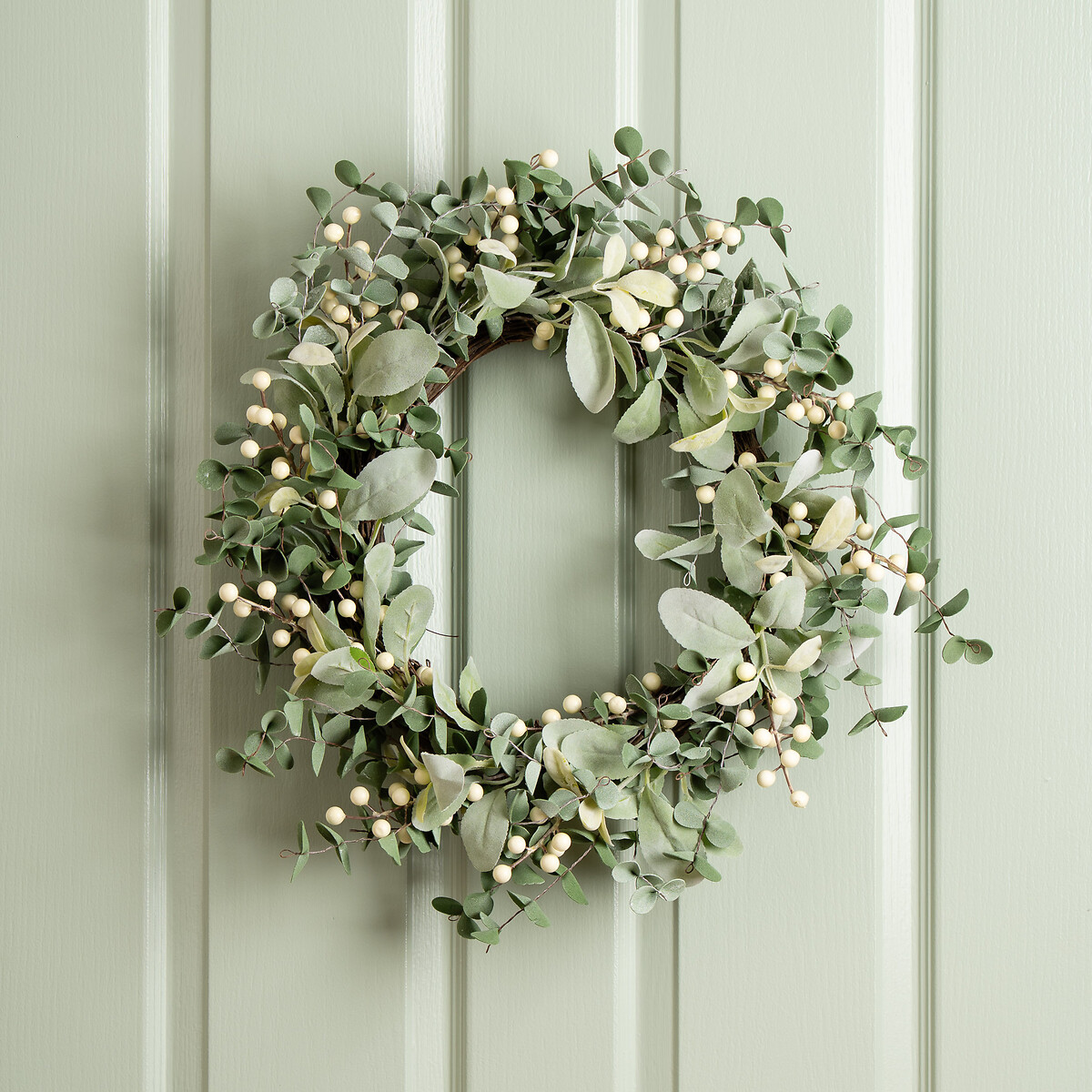 56cm Eucalyptus, Lambs Ear & Berry Wreath green, SO'HOME