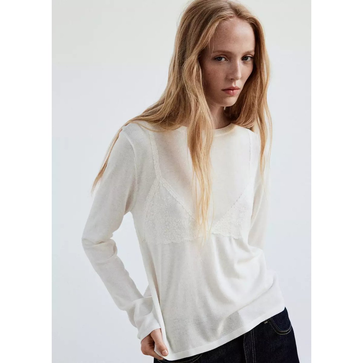 Pull avec bralette en dentelle blanc, MANGO