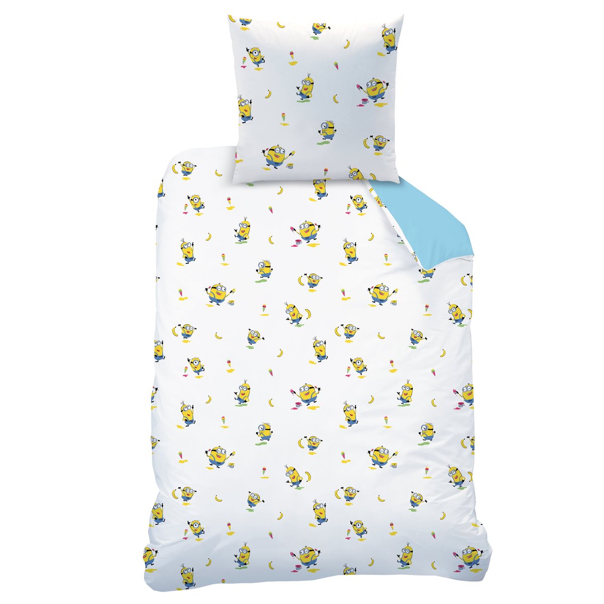 Parure de lit imprimée 100% coton, FÊTE bleu, LES MINIONS