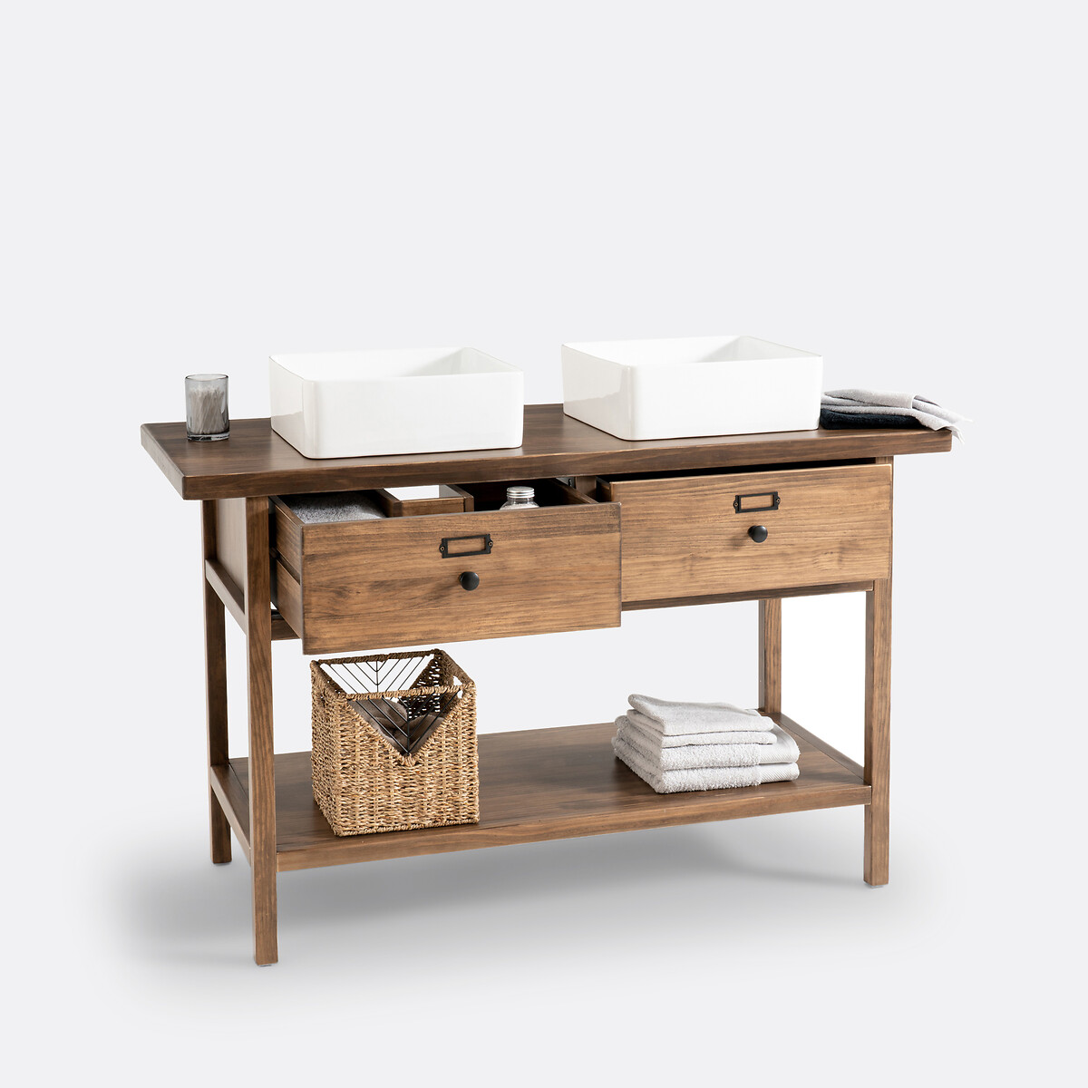 Lunja Solid Pine Double Vanity Unit dark wood, LA REDOUTE INTERIEURS