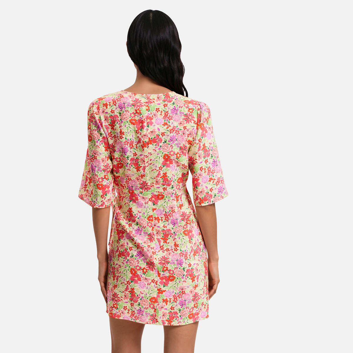 Robe courte manches courtes imprimé floral, à nouer imprimé fleurs rouge, LA REDOUTE COLLECTIONS