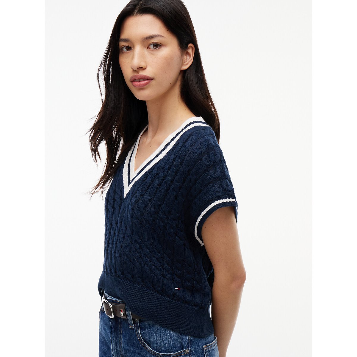 Pull col V à manches courtes marine, TOMMY JEANS