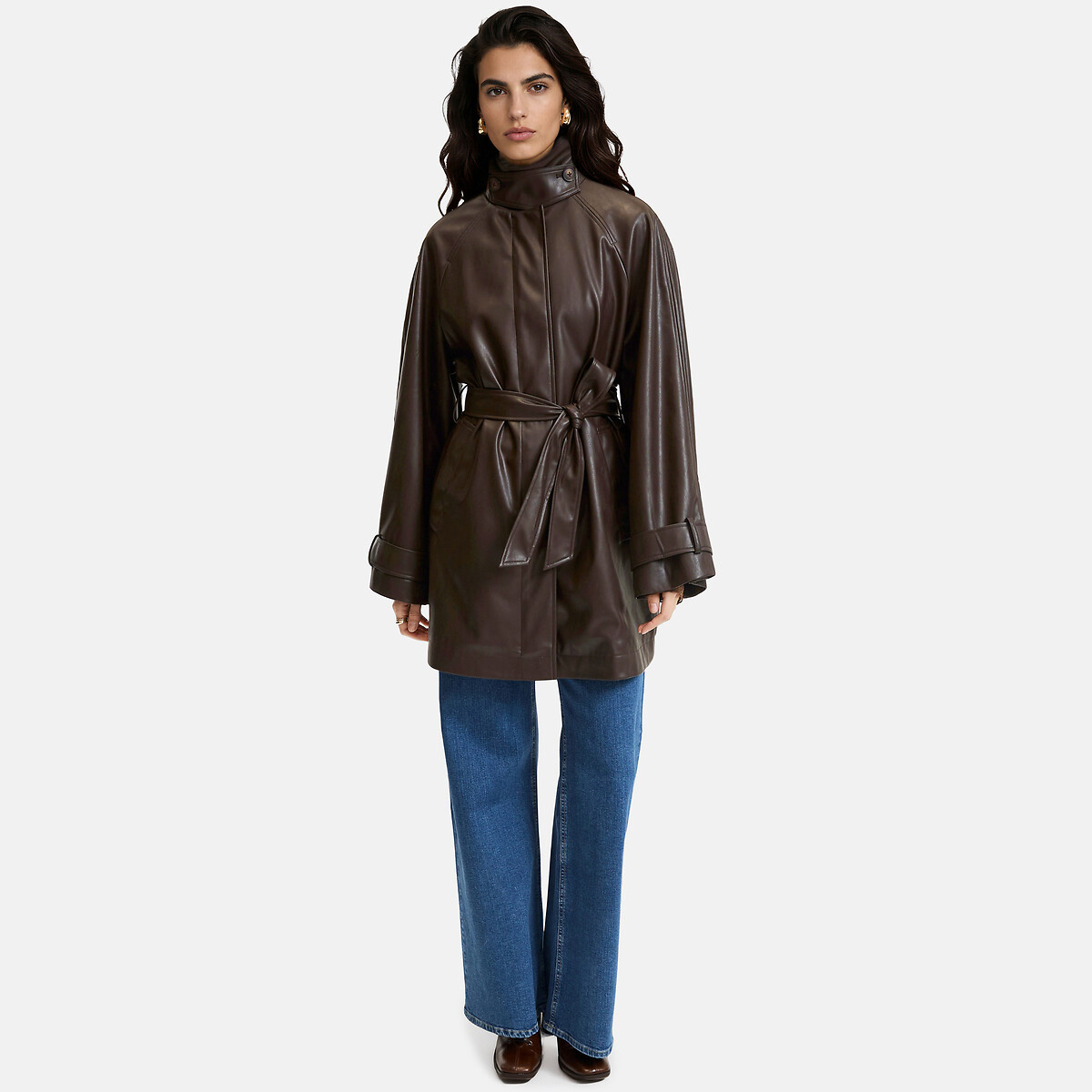Short Faux Leather Trench Coat chocolate brown, LA REDOUTE COLLECTIONS