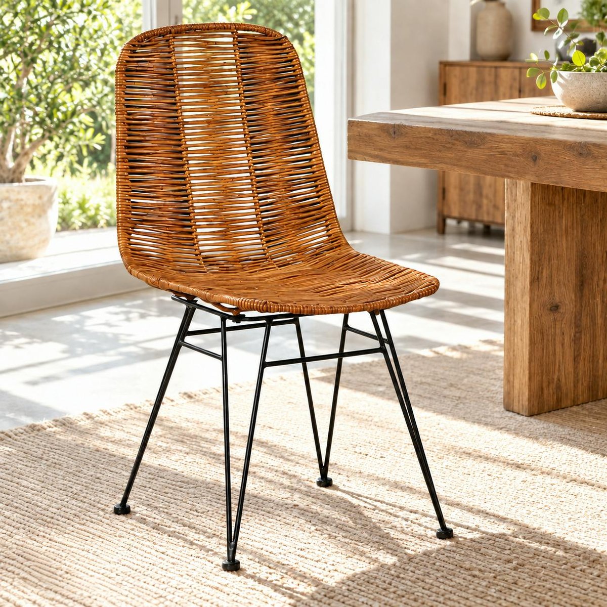 Chaise en rotin naturel pieds métal noir (lot de 2) CANADA bois naturel, PIER IMPORT